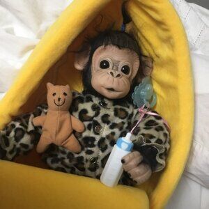 Baby Chimp Doll Little Ubu Ashton Drake with Banana Bed and Accessories
